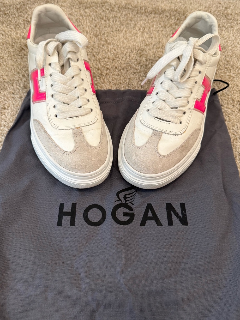 Hogan White Leather Sneakers with Hot Pink Accents